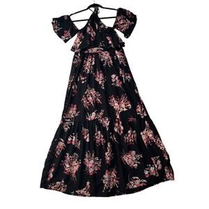 NORDSTROM BP Dress Small Black Floral Halter Cold Shoulder Maxi Tiered